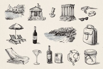 Obraz premium Illustrations of Greek summer experiences with iconic landmarks and leisure activities