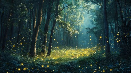 Fototapeta premium A magical forest illuminated by fireflies.