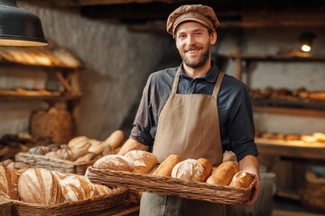 Baker proudly displays freshly baked bread in a cozy artisan bakery