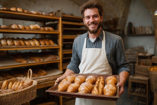 Baker shows fresh bread in cozy bakery during morning hours