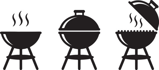 Three Charcoal Grill Silhouette Icons in Open, Closed, and Steaming Versions