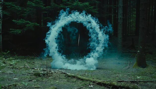 Mystical portal surrounded by a forest, radiating swirling cosmic energy and enchantment