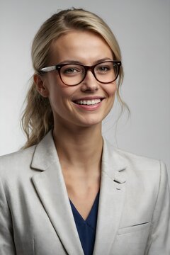 Young smiling business woman full portrait in suit and glasses