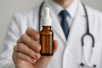 Doctor holds amber vial containing liquid for medical use in clinical setting