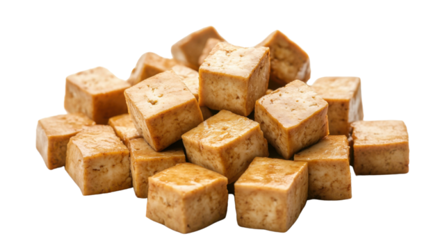 Marinated tofu cubes on white background