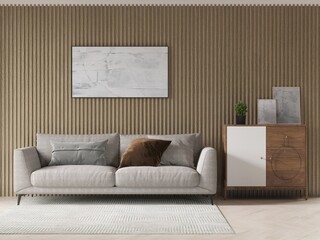 Mock up of a bright spacious living room with an original comfortable sofa and a stylish decorative background, 3D rendering.