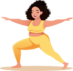 Curvy Woman Doing Yoga Warrior Pose – Body Positive Fitness Illustration