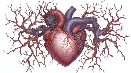 Human Heart Entwined with Thorny Branches Illustration