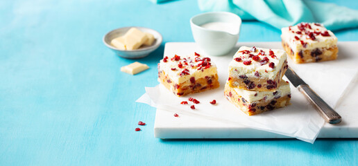 Blondie, white chocolate brownie with cranberries. Blue background. Long banner. Copy space.