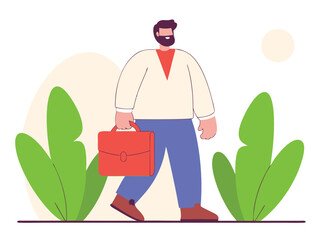 Man Walking Outdoors with Briefcase Happy and Relaxed Vector Illustration