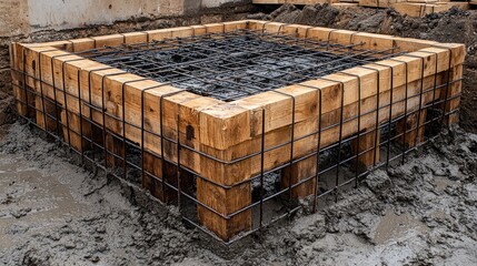 Square concrete foundation formwork with reinforcing steel.