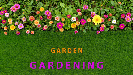 Summer garden collage of the words "garden, gardening". A bed of colorful flowers with an illustration of a lawn and a place for text.