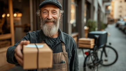 Smiling courier extends a small package while standing on a city sidewalk