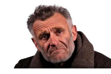 Thoughtful senior man portrait, expressive face, close up, cut out transparent