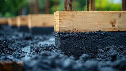 Close-up view of wooden supports in fresh concrete foundation.