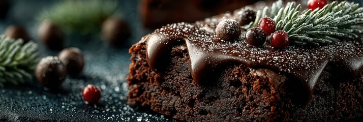 Decadent chocolate dessert garnished with fresh berries and pine leaves on a dark surface