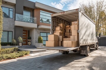 Delivery truck unloading numerous cardboard boxes in front of modern house during daytime