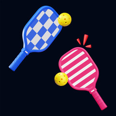 Pickleball rackets with balls, 3d vector illustration