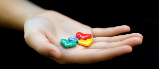 Fototapeta premium Child's hand holds colorful heart candies; dark background. Concept image