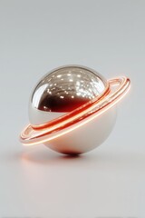 Glowing toy model of a futuristic planet with neon rings on a white background