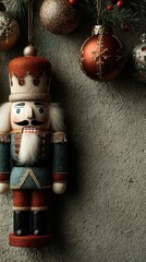 Nutcracker decoration with festive ornaments for holiday season celebration in cozy indoor setting