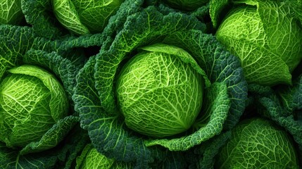 Fototapeta premium Rows of vibrant green cabbages rest securely within their leafy wraps, showcasing the rich texture and color typical of a thriving farm during the peak growing season