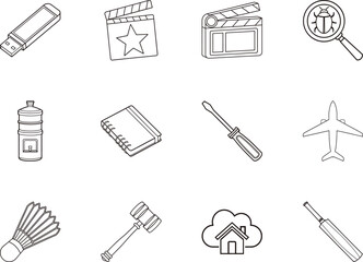 Obraz premium Outlined icons illustrate various objects, including film slates and airplane on transparent background
