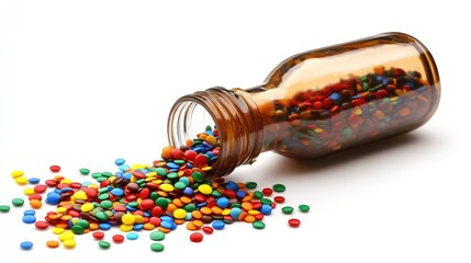 Colorful candy sprinkles spilling from a brown glass bottle.