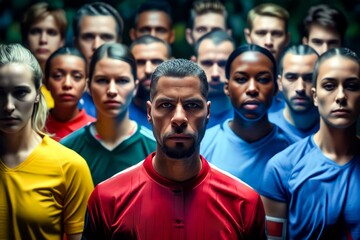 Man standing in front of group of men in blue and red shirts. Generative AI