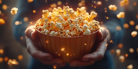 Delicious bowl of popcorn held by hands with glowing kernels in background enhancing the movie night vibe