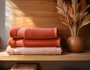 styling your bathroom deep orange beige folded towels stacked neatly on a wooden shelf creating a warm inviting and organized space