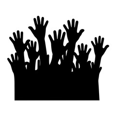 A silhouette of a multitude of hands reaching upwards into the air
