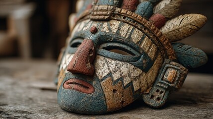 Traditional Indonesian mask for healing ceremonies on wooden table