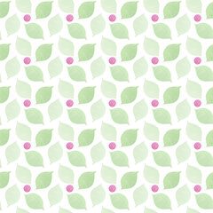 Pattern of watercolor green leaves and pink circles. Good for postcards, invitations, greeting cards, wallpaper, textiles