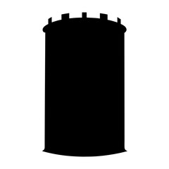 A simple black silhouette image of a cylindrical castle tower