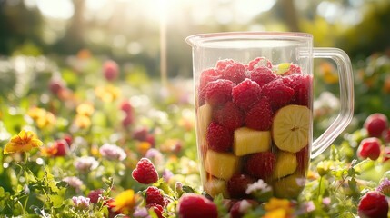 Fresh raspberry beverage pitcher in a flower garden setting.
