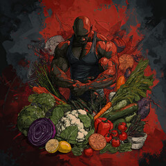 Illustration of male bodybuilder surrounded by fruit and vegetables. This image was created using AI generative technology.
