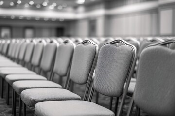 Conference room with rows of empty chairs set for an upcoming event in a business venue