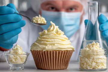 Scientist preparing creamy frosting on large cupcake in laboratory setting with glassware