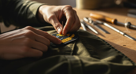 Man attaching military patch to jacket while sitting at a table  
