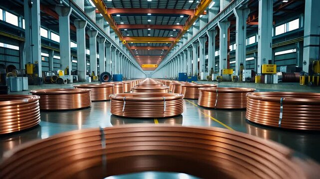 Large industrial warehouse interior with polished floor and neatly arranged copper wire coils under bright lighting and structural steel beams

