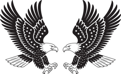 Fototapeta premium Bald eagle with American flag print on wings diving for a patriotic ribbon. 4th of july Independence Day Clipart. emblem soaring bird usa banner image airfoil hunting red white blue band.