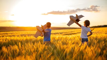 Fototapeta premium Children playing with cardboard airplanes in a golden wheat field at sunset