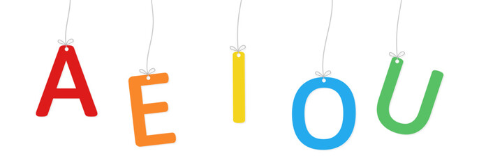 Colorful vowel letters hanging from strings on a white background © MAHIJO