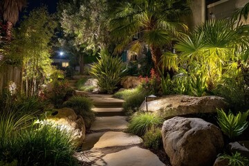 Beautiful garden pathway illuminated at night with lush greenery and stones