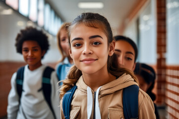 Obraz premium Group of young women standing next to each other in hallway of building.