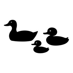 Stylized Black Silhouette of Mother Duck with Two Ducklings Swimming Together