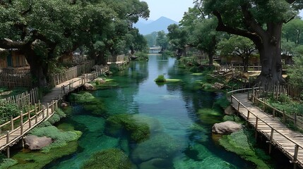 Serene green village surrounded by clear water high resolution picture
