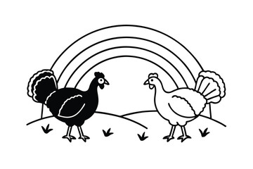 Two chickens under a rainbow black and white illustration