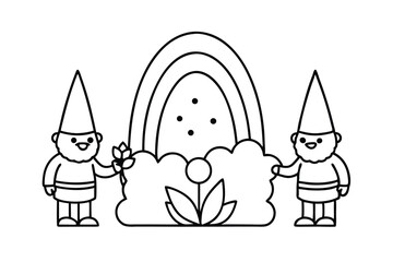 Two gnomes with rainbow and flowers coloring page